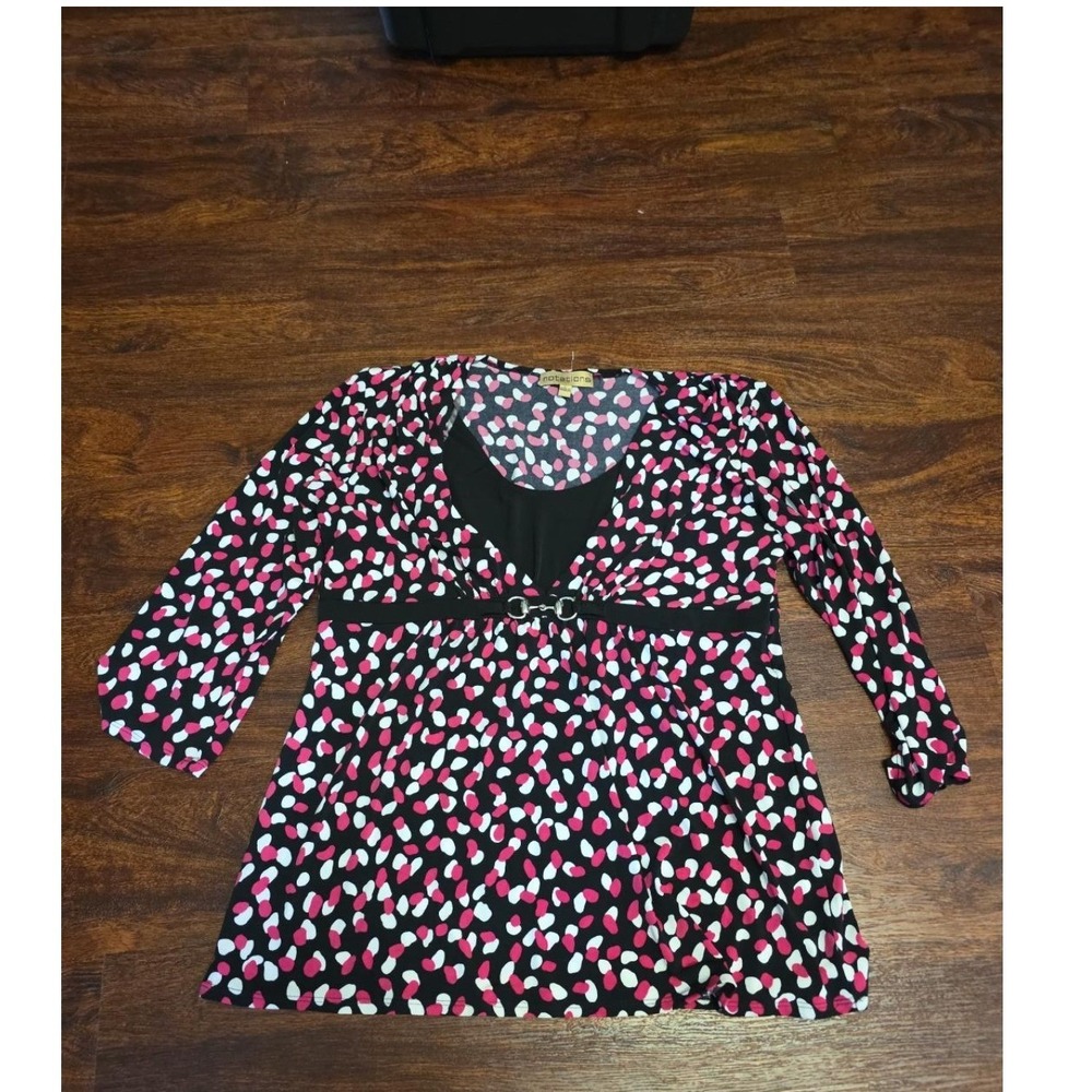 Notations Y2K Horsebit Tunic Top Large Pink Black Mod Print Empire Waist